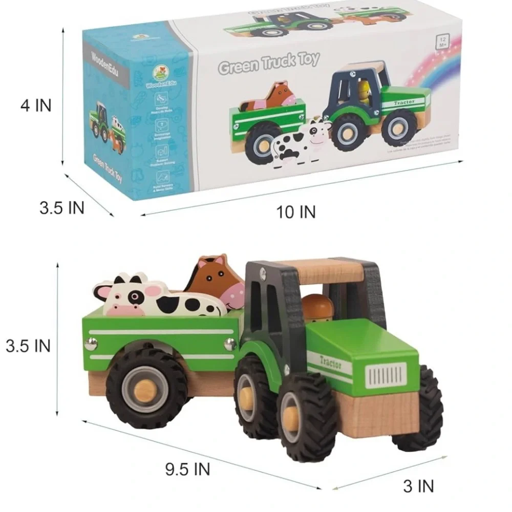 Wooden Tractor Toys for Toddlers 1-3, Baby Vehicle Toys Hand Push Car,Green - Picture 2 of 6